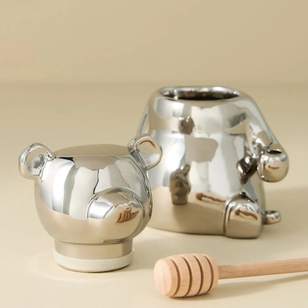 Anthropologie Silver Metallic Bear Honey Jar /Pot w/ Wooden Dipper in Bear’s Paw - Picture 5 of 13